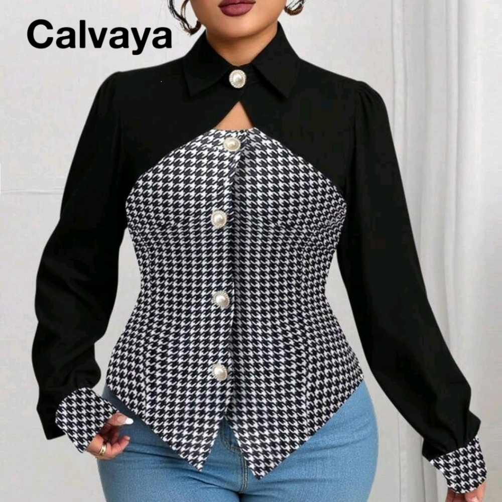 SHEIN Black and White Houndstooth Blouse